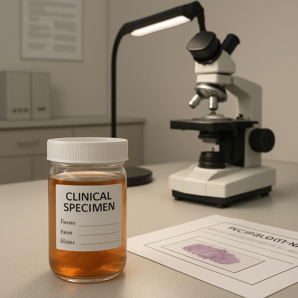 Clinical Specimen Label and Microscope in a Lab Setting