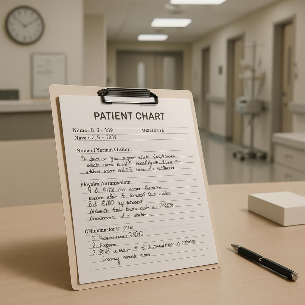 A sample image of a patient chart in a hospital setting sitting on a desk in a long hallway, accompanying a pen and paper ...